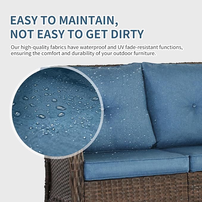 Outdoor Swivel Rocker Patio Chairs (Brown Wicker/Blue Cushion, 4PC/Sofa & Chair &Coffee Table)
