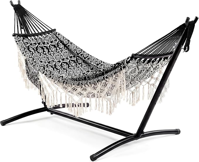 Double Hammock with Stand, 450LBS Capacity, 2 Person Large Hammock, Indoor and Outdoor Hammock, Boho Style, Perfect for Backyard Patio Beach, 9-Foot