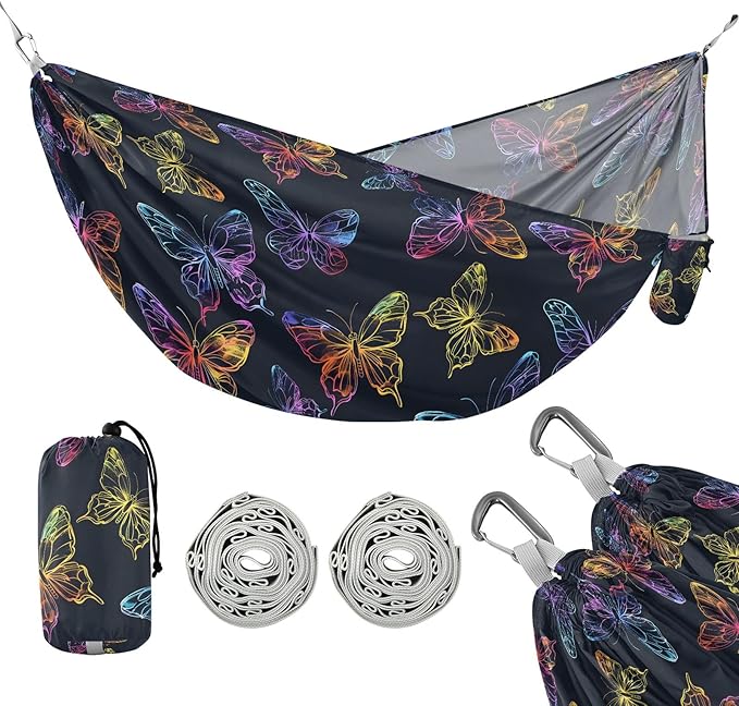Camping Hammock Outdoor Hammocks for Outside Butterfly Dark Neon Beach Trees Portable Lightweight with Pockets Tree Straps Indoor