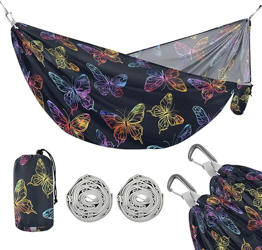Camping Hammock Outdoor Hammocks for Outside Butterfly Dark Neon Beach Trees Portable Lightweight with Pockets Tree Straps Indoor