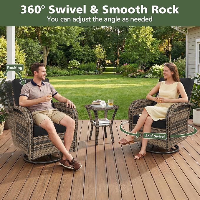 Aoxun 11 Piece Outdoor Patio Furniture Set with 44'' Fire Pit Table, Wicker Rattan Outdoor Furniture with High Back Swivel Rocker Chairs, Outdoor Sofa Set with Thick Cushion & Side Table, Black