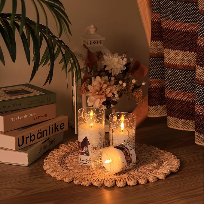 Christmas Flickering Flameless Candles with Remote, 3D Wick Battery Operated Candles, Real Wax in Glass LED Candles for Holiday Festival, Home, Gift