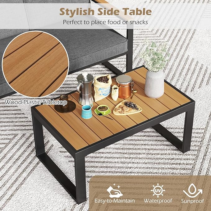 Tangkula 2 Piece Patio Aluminum Furniture Set, Outdoor Cushioned Loveseat with Coffee Table Set, with Wood-Plastic Armrests & Tabletop, for Balcony, Backyard, Poolside