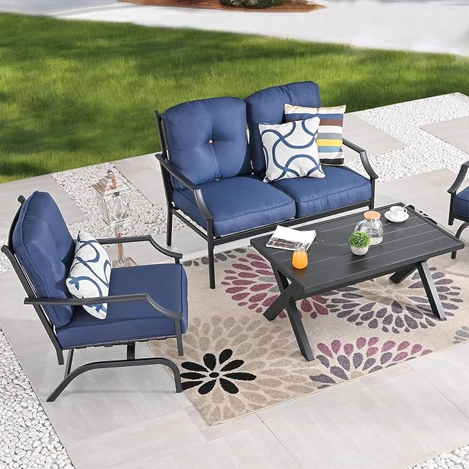 Patio Conversation Set 4 Pieces Metal Outdoor Furniture Sets Outside Loveseat with Rocking Chairs Coffee Table Thick Cushions (Blue)