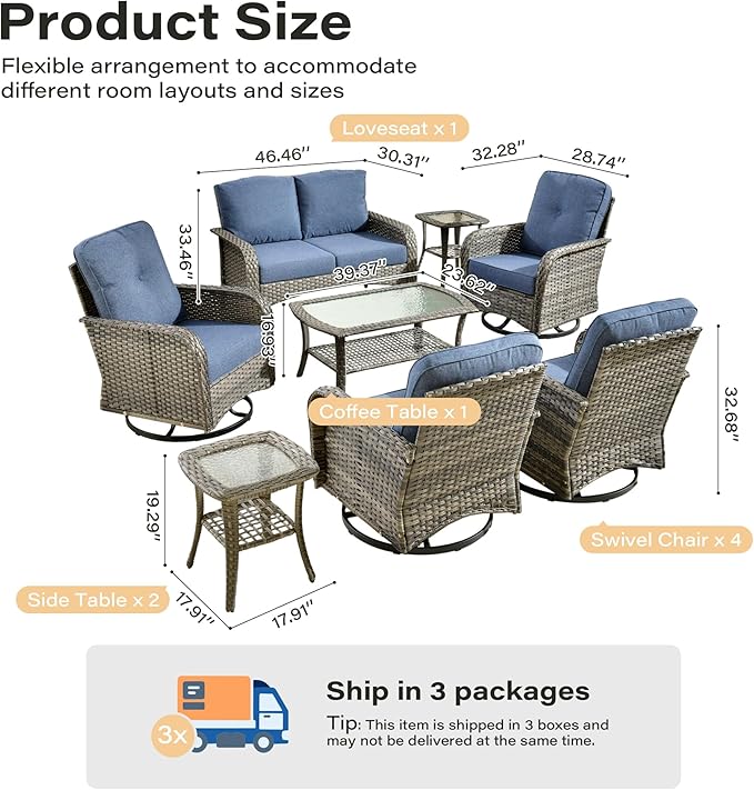 8 Pieces Patio Conversation Sets,Patio Furniture Set with Swivel Rocking Chairs,Coffee Table, Side Table, All Weather Rattan Wicker Outdoor Sectional Furniture Set for Porch Balcony Backyard Blue