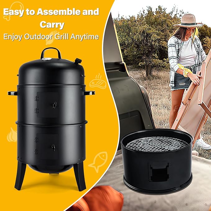32" Vertical Charcoal Smoker Grill, Heavy-Duty BBQ Grill with Built-in Thermometer, 3 in 1 Grill and Smoker, Portable Meat Cooker with Air Vent for Outdoor Barbecue Cooking