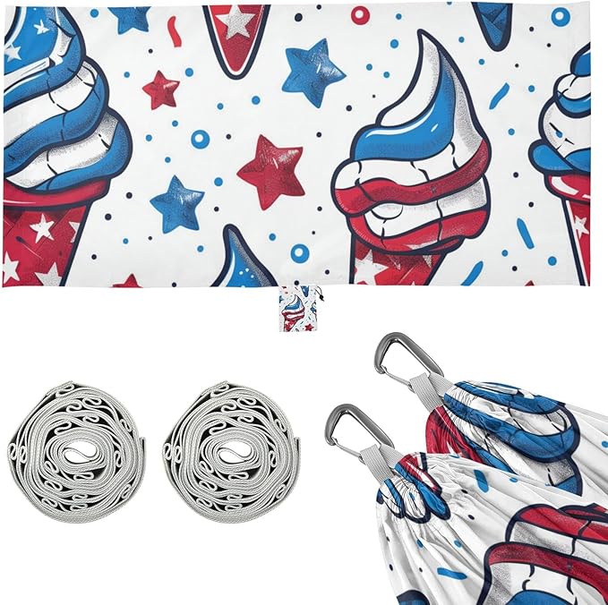 4th of July Independence Dayred and Blue Ice Cream 330lb Capacity Outdoor Hammock with Hanging Rope Portable Hammock for Outside Beach Patio Garden hamacas para adultos con soporte