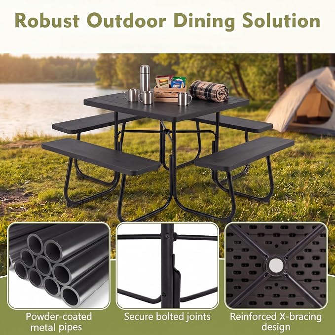 GYMAX Picnic Table Bench with Umbrella Hole, 8 Person Square Outdoor Picnic Table with Metal Frame & HDPE Tabletop, Camping Table for BBQ Yard Patio, 2300LBS Capacity (Black)