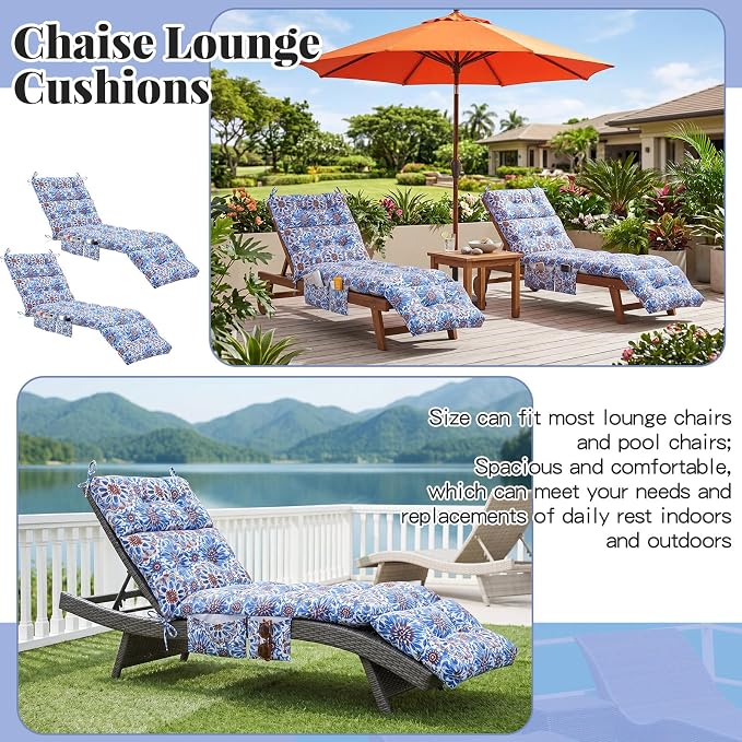 Kigley 2 Pcs Outdoor Chaise Lounge Cushions with 3 Side Pocket 74.5 x 22 x 4.7 Inch Patio Chaise Lounge Cushion, Water-repellent and Fade-resistant Tufted Summer Replacement(Navy Blue Retro