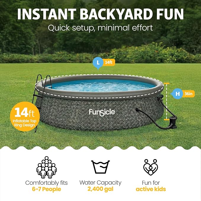 Funsicle Quickset Designer 14' x 36" Round Above Ground Swimming Pool, with FiltraBoost 800 GPH Filter Pump, Ladder, Type D Filter Cartridge & Repair Patch, Dark Herringbone