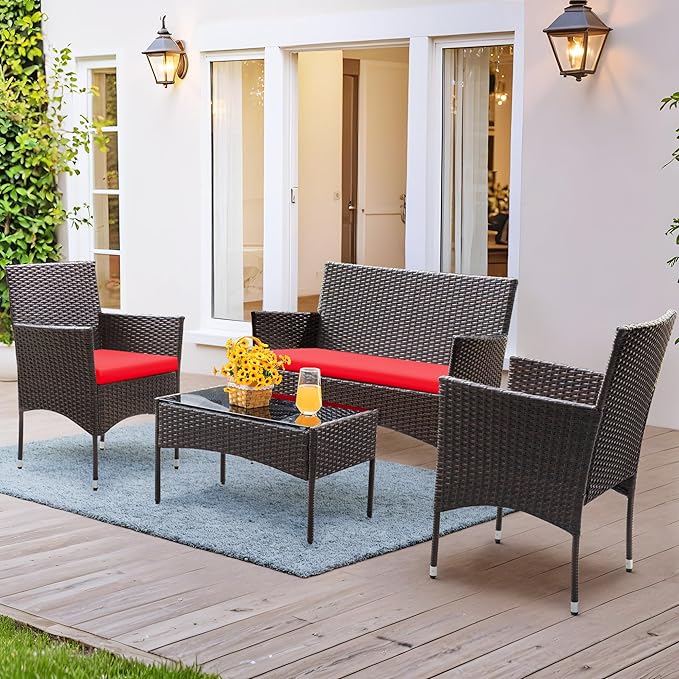 Greesum Patio Furniture 4 Pieces Conversation Sets Outdoor Wicker Rattan Chairs Garden Backyard Balcony Porch Poolside loveseat with Cushion and Glass Table, Brown and Red