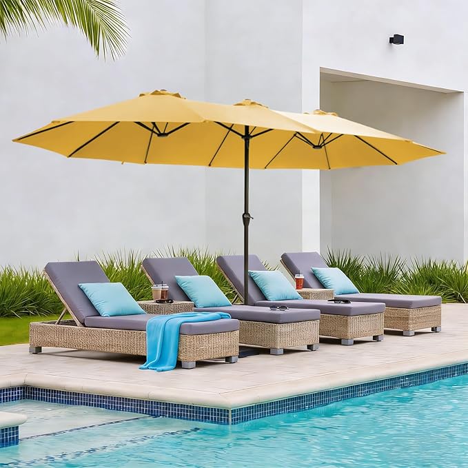 15FT Large Patio Umbrellas with Base Included, Outdoor Double-Sided Rectangle Big Market Umbrella with Stand, Outside Umbrellas for Poolside Lawn Backyard,Yellow
