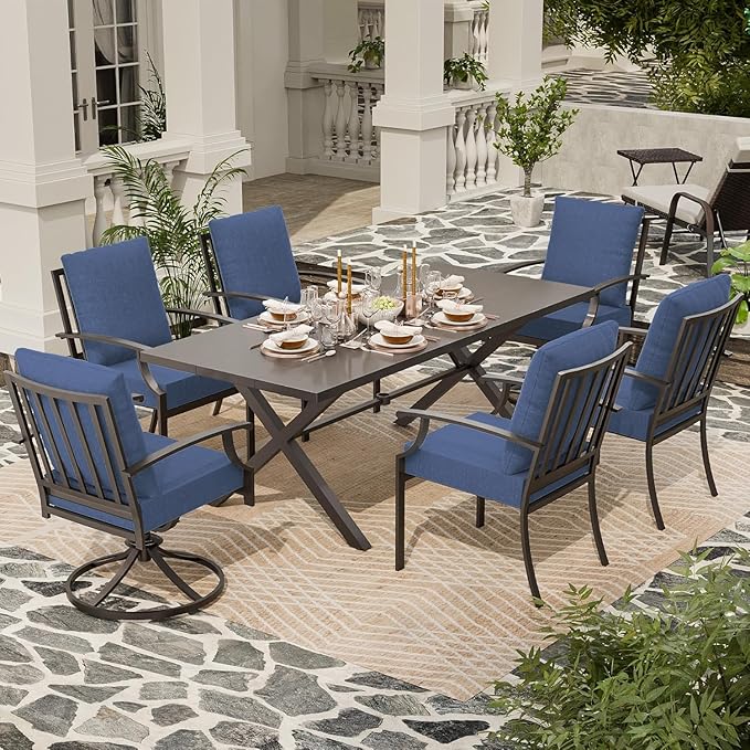 7 Piece Outdoor Dining Set for 6, Metal Patio Table and Chairs with Cushions, Patio Furniture Set with 2 Swivel Chairs, Rectangular Patio Dining Table with Umbrella Hole, Lawn Deck, Yard, Navy