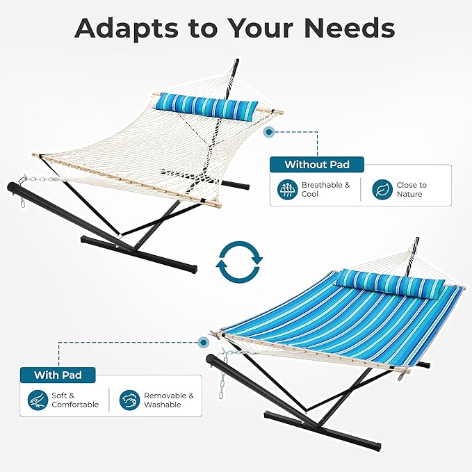 SUPERJARE 12ft Double Hammock with Stand, Rope Hammock for 2 Person, Detachable Hammock Bed and Pillow, Portable, Anti-Tip Safety Ropes, Carry Bag, Outdoor Backyard Patio, Turquoise Green Stripes