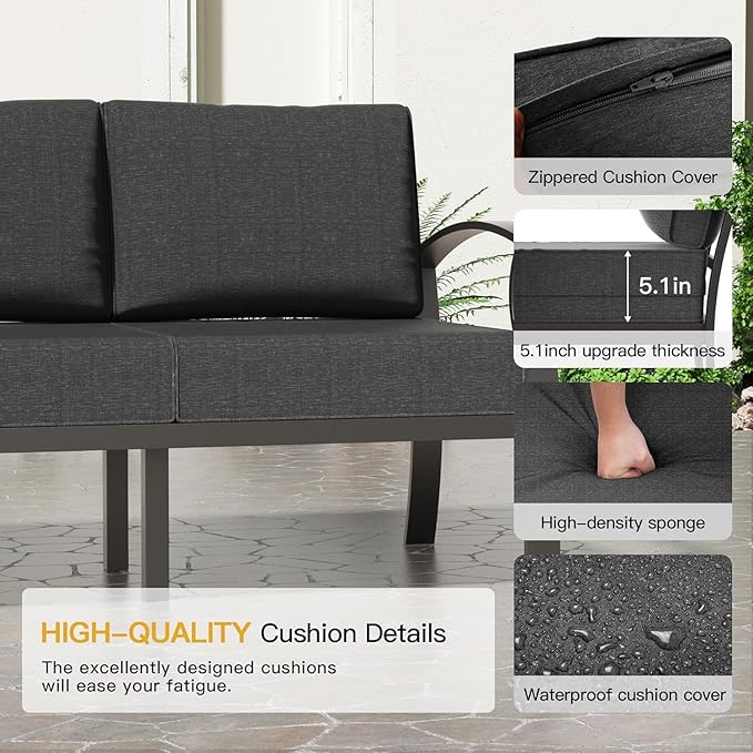 Aluminum Patio Furniture Set with 55,000 BTU Propane Fire Pit Table,5 Seats Metal Modern Outdoor Furniture w/5.1" Cushions,Patio Sectional w/Swivel Chairs for Backyard,Patio,Black