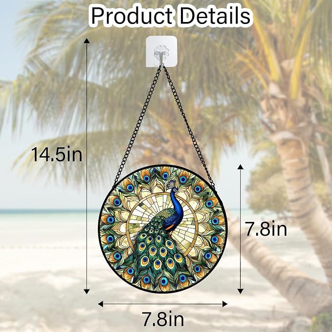 DASTOLL Stained Glass Window Hanging - Retro Peacock Decoration Suncatcher for Door Garden Home Bird Feather Sun Catchers Christmas Mother's Day Birthday Gifts for Women Men Mom Nana Friend 7.8 in