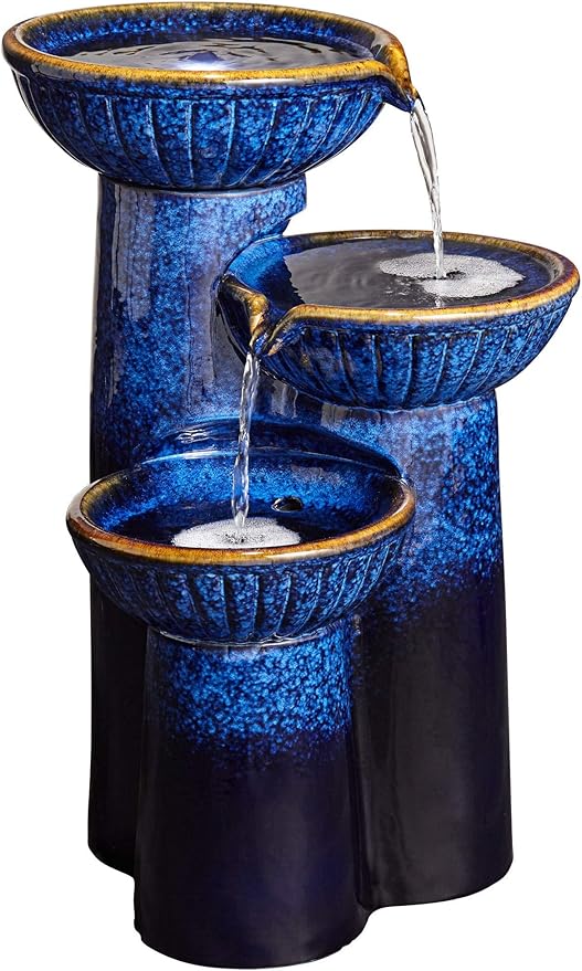 3-Bowl 26 3/4" High Large Modern Outdoor Decor Blue Cobalt Ceramic Floor Fountain with Light LED Standing Waterfall Tiered Water Feature for Outside Garden Patio Yard Backyard - John Timberland
