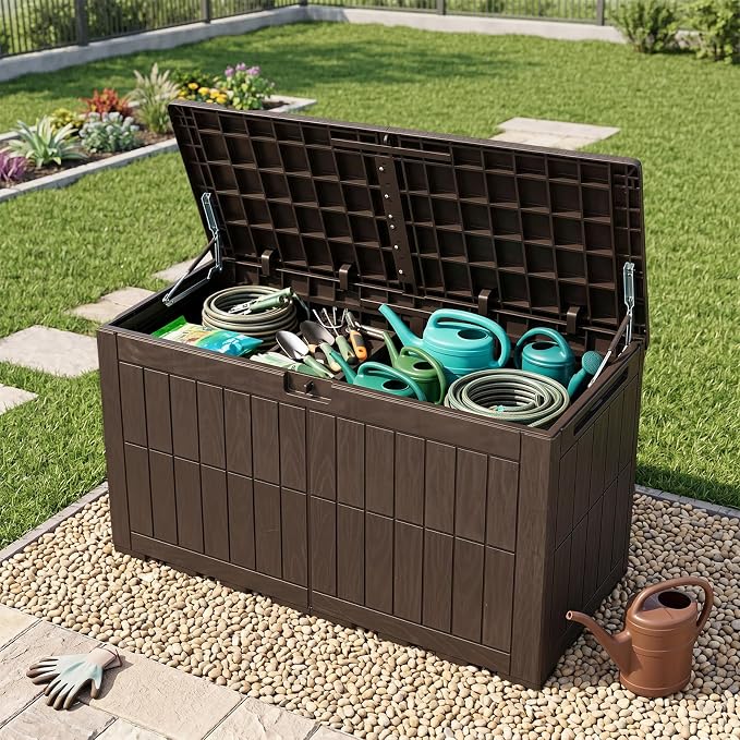 Tangkula 120 Gallon Outdoor Storage Box, Waterproof PP Resin Patio Storage Box with Lockable Lid for Indoor & Outdoor Use, 2-in-1 Rattan Design Deck Box for Cushions, Garden Tools