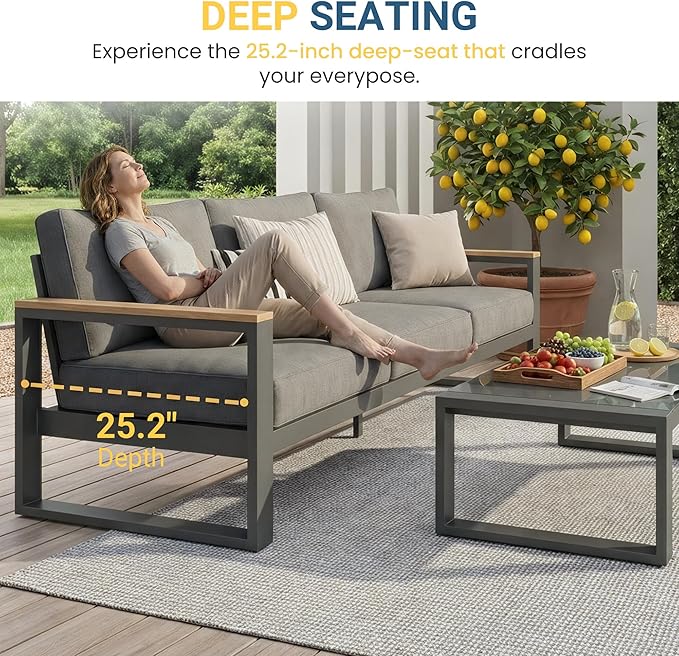 Aluminum Outdoor Patio Furniture Set with Height-adjustable Footrest for Lawn Porches Patio, 5-Seats All-weather Patio Sofa Sets with Coffee Table, Modern Outdoor Patio Conversation set, Grey