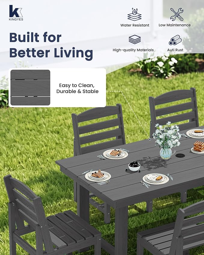 KINGYES 6-Piece Patio Dining Set, HDPE Table, Bench and Armless Chairs Outdoor Furniture Set with Umbrella Hole, Gray