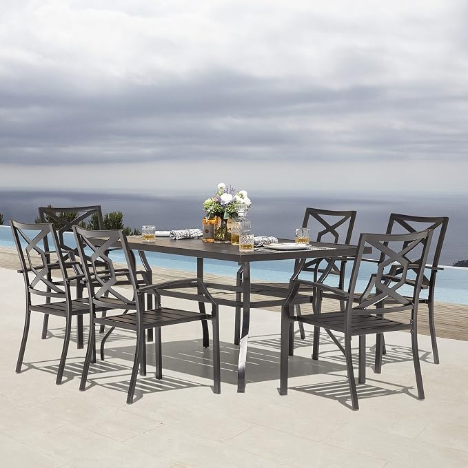 NUU GARDEN 7 Piece Outdoor Dining Set, 61” Rectangular Metal Dining Table with Umbrella Hole, Stackable Dining Chairs for Backyard, Deck, Yard, Garden, Black