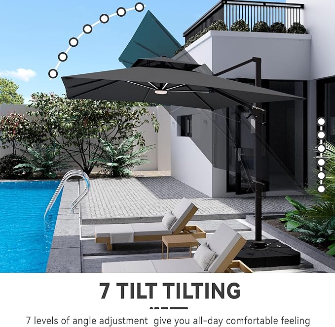 10x13 FT Cantilever Patio Umbrella with Led Lights Double Top Outdoor Rectangular Large Heavy Duty Aluminum Offset Umbrellas with 7 Level Tilt 360-degree Rotation for Pool Garden Deck, Grey