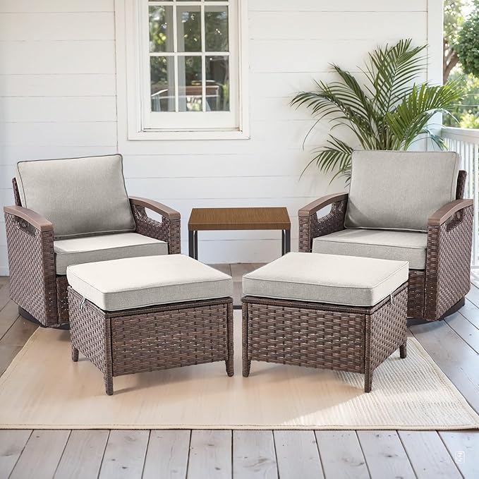 Rilyson Wicker Outdoor Patio Furniture Set - 5 Piece Patio Conversation Sets with Swivel Rocker Chairs, Ottomans and Side Table, Thick Cushions, Waterproof Wicker, for Porch Deck Brown/Beige