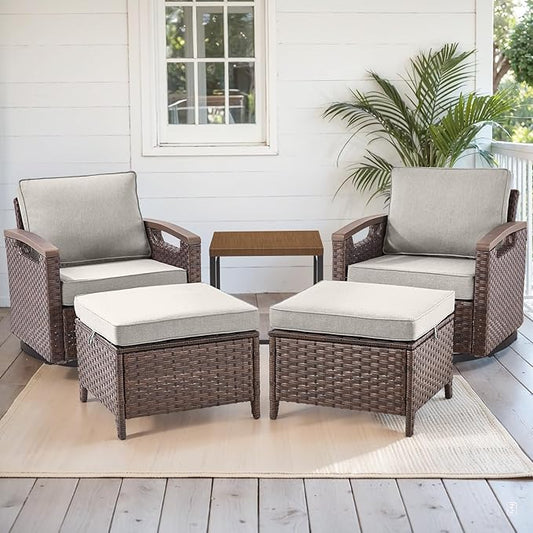 Rilyson Wicker Outdoor Patio Furniture Set - 5 Piece Patio Conversation Sets with Swivel Rocker Chairs, Ottomans and Side Table, Thick Cushions, Waterproof Wicker, for Porch Deck Brown/Beige