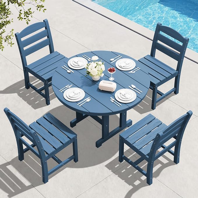 SERWALL 5-Piece Patio Dining Sets, HDPE Outdoor Table and Chairs Furniture Set, 45" Round Dining Table and 4 Armless Dining Chairs, Navy