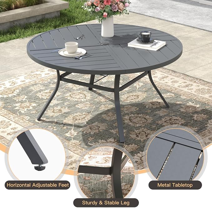 Outdoor Dining Set for 6, 50.1" Metal Round Outdoor Dining Table with Umbrella Hole and Sling Patio Swivel Chairs, 7 Pieces Patio Table and Chairs Set for Garden Backyard, Grey and Dark Grey
