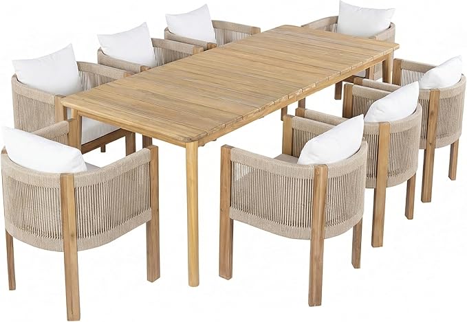 Christopher Knight Home Matera Acacia Wood Outdoor Dining Set for 8, 9 Piece Patio Dining Table and Chair Set, Wooden Outdoor Dining Armchair and Table Set with Removable Cushion, Light Teak+Beige