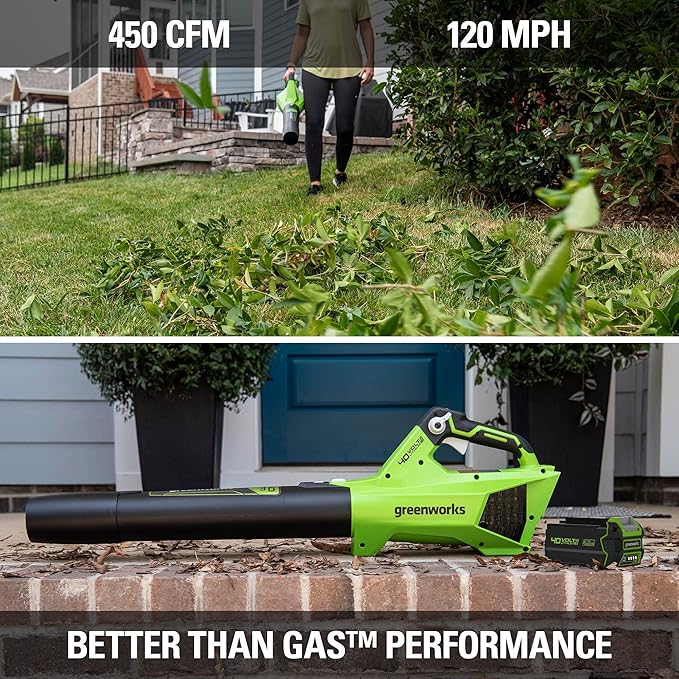 Greenworks 40V (120 MPH / 450 CFM) Cordless Axial Blower, 4Ah USB Battery (USB Hub) and Charger Included BL40B411 with 40V String Trimmer
