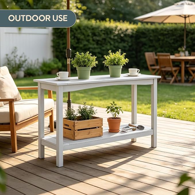 Weatherproof HIPS Outdoor Console Table, 48'' 2-Shelf Side Table Indoor/Outdoor Use, Multifunctional Buffet Table Bar Storage Organizer for Entryway, Patio, Outside Plant Stand Table, White