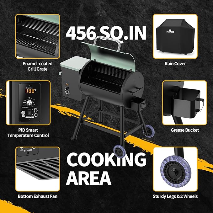 DAMNISS Electric Wood Pellet Smoker Grill 8 In 1 BBQ Grills for Outdoor Grill with Auto Feed & PID Temperature Control (180-450°F) and Rain Cover 456 Sq.In Cook Area for Backyard New House Gifts