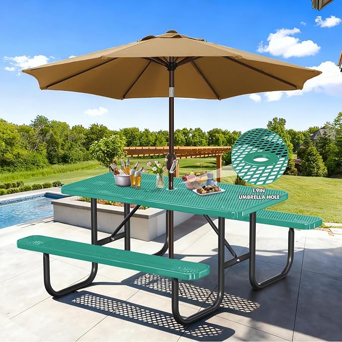 Ceridwen Heavy Duty Picnic Table with 2 Benches, Expanded Metal Steel Mesh Outdoor Patio Dining Table Bench Set with Umbrella Hole,Outdoor Patio Dining Table for Garden (Rectangular, Green, 6FT)