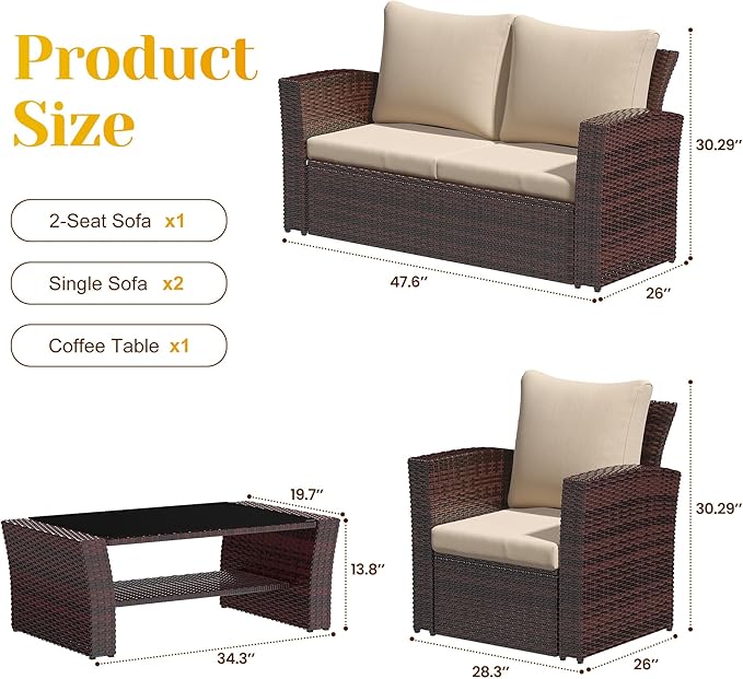 4-Piece Outdoor Patio Furniture Set, All Weather Wicker Rattan Sectional Sofa Conversation Seating Set with Cushions & Large Glass Coffee Table, Ideal for Garden Backyard Porch, Beige
