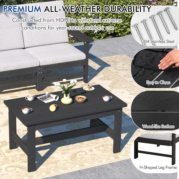 6-Piece HDPE Patio Furniture Set, All-Weather Outdoor Sectional Sofa Set w/Coffee Table+Side Table - Wood-Like Composite Conversation Couch for Deck, Lawn, Balcony - Black Frame with Cushion