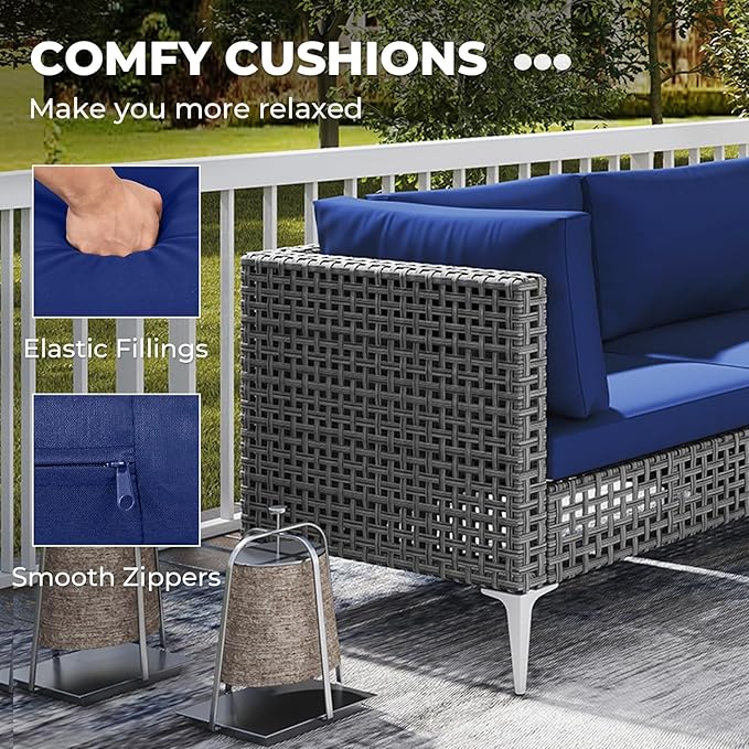 Tangkula 7 Piece Outdoor Furniture Set, Patiojoy Patio Wicker Sectional Cushioned Sofa Set with Coffee Table, for Backyard, Poolside, Porch and Lawn (Navy Blue)