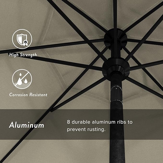 California Umbrella 9' Round Aluminum Market Umbrella, Crank Lift, Push Button Tilt, Black Pole, Pacifica