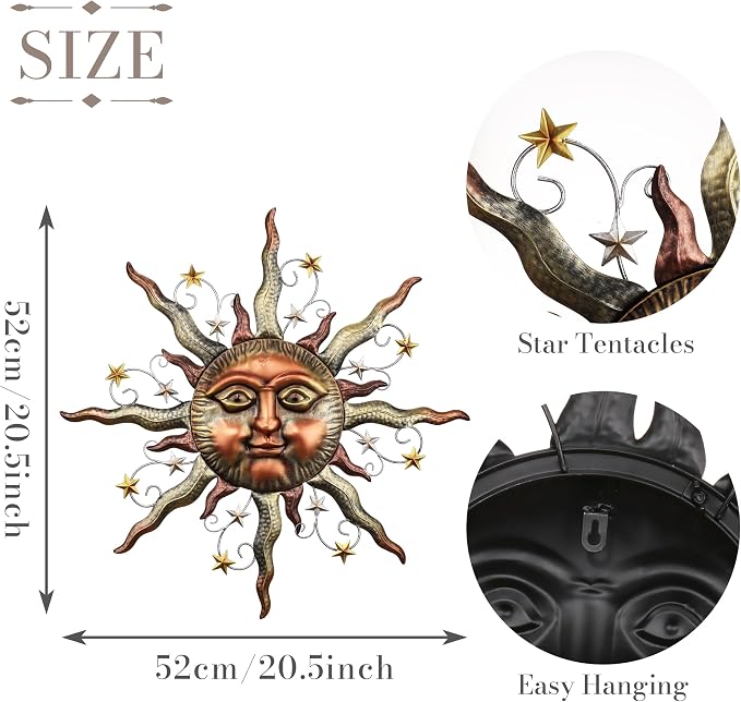 TERESA'S COLLECTIONS Sun Metal Wall Art for Outdoor Decor,21" Bronze Sun Face 3D Wall Decor for Garden Decor,Rustic Retro Hanging Sculpture for Outside Living Room Home Patio Farmhouse Gifts for Mom