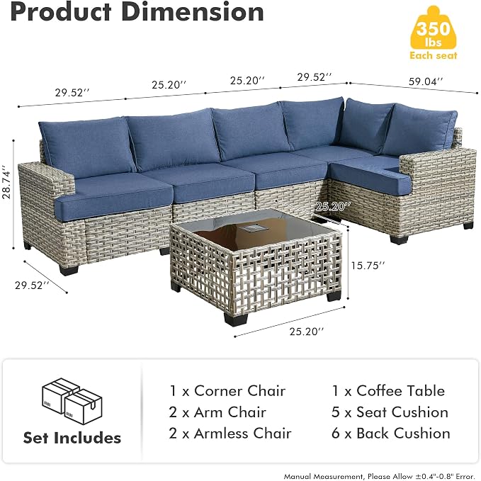 HOOOWOOO Sectional Patio Furniture Set with Solar Light Table,6 Pieces Wicker Outdoor Furniture L Shaped Couch,Outside Conversation Set with Extra Deep Seat Sofa Wide Arm,Dark Denim Blue