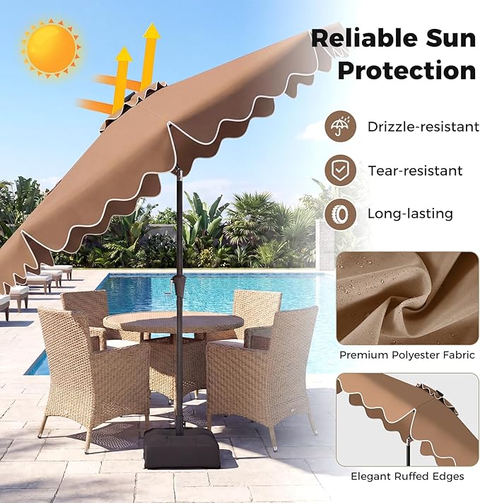 Tangkula 10 FT Solar Patio Umbrella with Base Included, 2-Tiers Outdoor Scalloped Table Umbrella with 32 LED Lights, 2 Sandbags, Tilt Adjustment, Crank, 8 Ribs for Market Backyard Pool Deck Beach Lawn (Coffee, 10 FT)