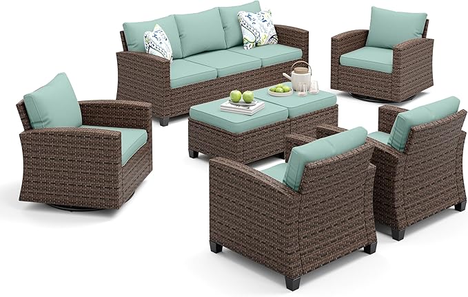 Patio Furniture Set, 7 Pcs Wicker Rattan Outdoor Conversation Set, 2 x Leg Chairs, 2 x Swivel Chairs, 1 x 3 Seater Sofa and 2 x Ottoman with 4" Thick Cushion for Garden Backyard Deck, Blue