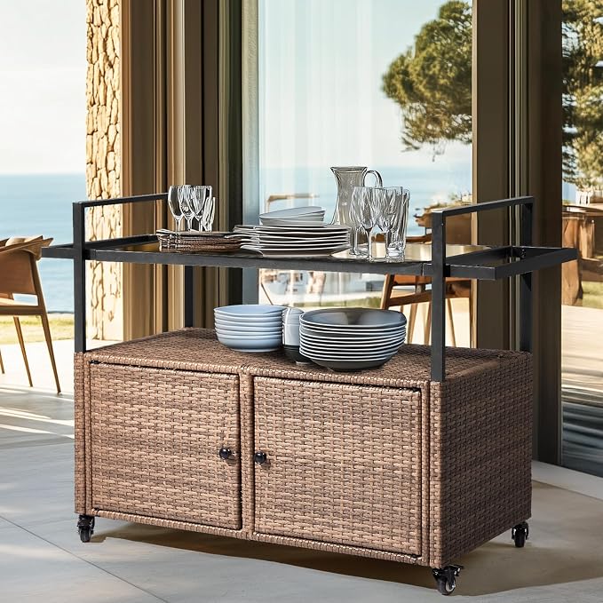 VINGLI Wicker Outdoor Bar Cart with Storage and Wheels, Outdoor Bar Table Serving Cart Rattan Bar Cart with Glass Top and Shelf for Pool, Party, Backyard, Porch (Brown)