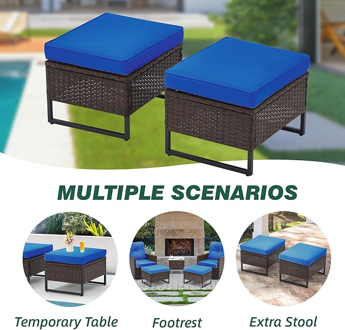 AVAWING Outdoor Wide Wicker Ottomans Set of 2, All-Weather Rattan Seat for Garden, Backyard and Balcony, Patio Footstool with Removable Cushions, Blue