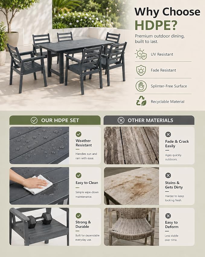 12 Piece HDPE Outdoor Dining Set for 10, Patio Dining Furniture Set with 2” Umbrella Hole, Weather Resistant Outdoor Table and Chairs for Garden, Poolside, Backyard, Deck