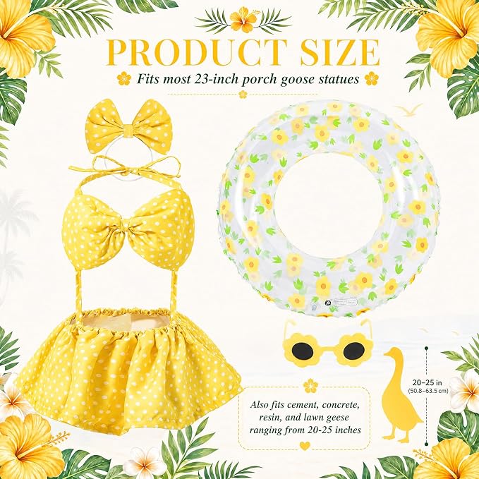 Summer Porch Goose Outfit with Sunglasses and Swim Ring for 23" Goose Statue Hawaiian Bikini Goose Outfits Porch Goose Clothes Costume for Garden Lawn Yard Decor(Yellow DOTT)