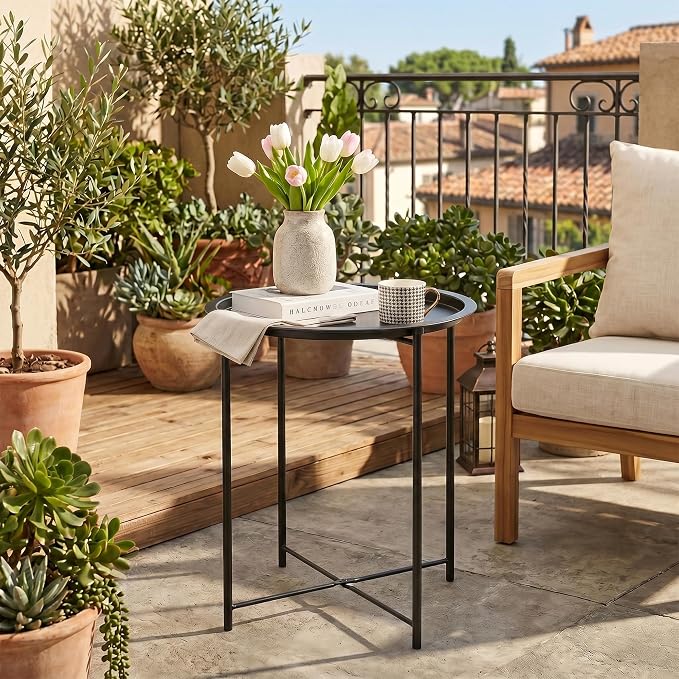 VECELO Side/End Table, Folding Round Metal Anti-Rust and Waterproof Outdoor or Indoor Tray for Living Room Bedroom Balcony and Office, 1 PCS, Black