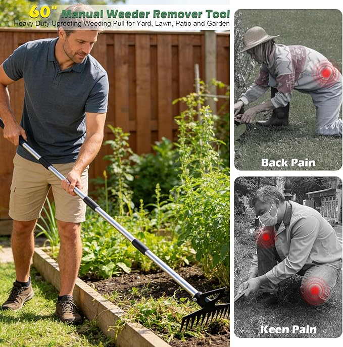 Weed Puller Tool with Long Handle, 60" Weed Remover Tool, 3 in 1 Iron Weeding Rake with 2 Replacement Heads, Heavy Duty Uprooting Weeding Tools for Garden, Yard, Lawn, Patio