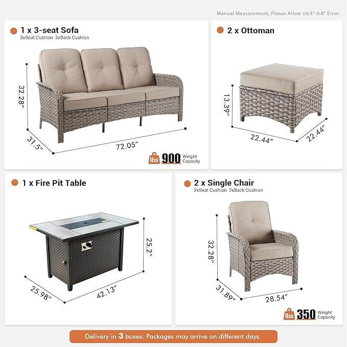 6-Piece Outdoor Patio Furniture Set with Fire Pit Table,All Weather Wicker Rattan Patio Seating Sofa and Chair Set with Ottomans,Outdoor Conversation Sets with 3 Seater Couch for Porch Deck Yard,Beige